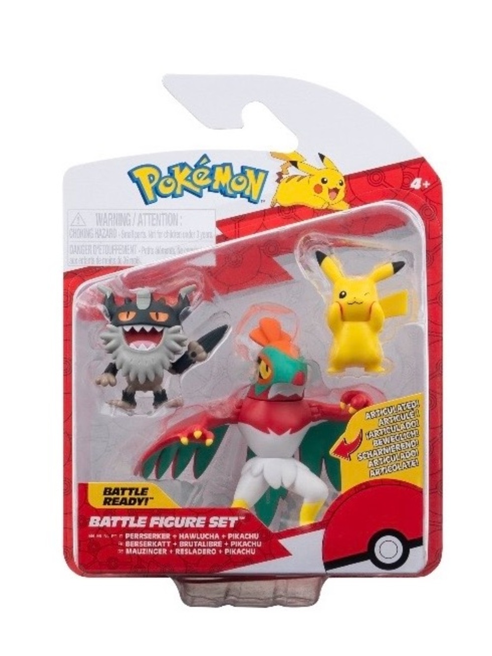 Pokemon Battle Figure 3 Pack - 2 inch Pikachu, Perrserker and 3 inch Hawlucha